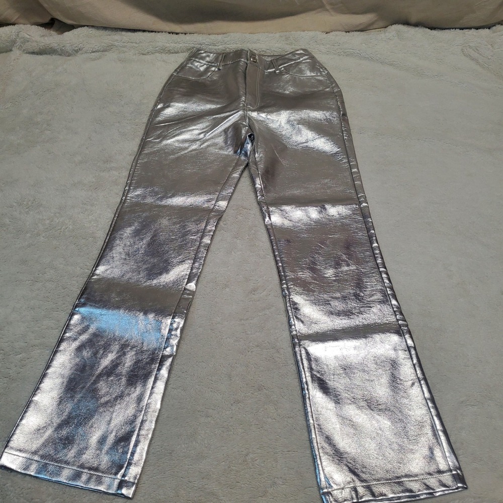 Nasty Gal Silver Faux Leather Black Star Pants Women 4 Rave Party Festival Cyber - Picture 2 of 11